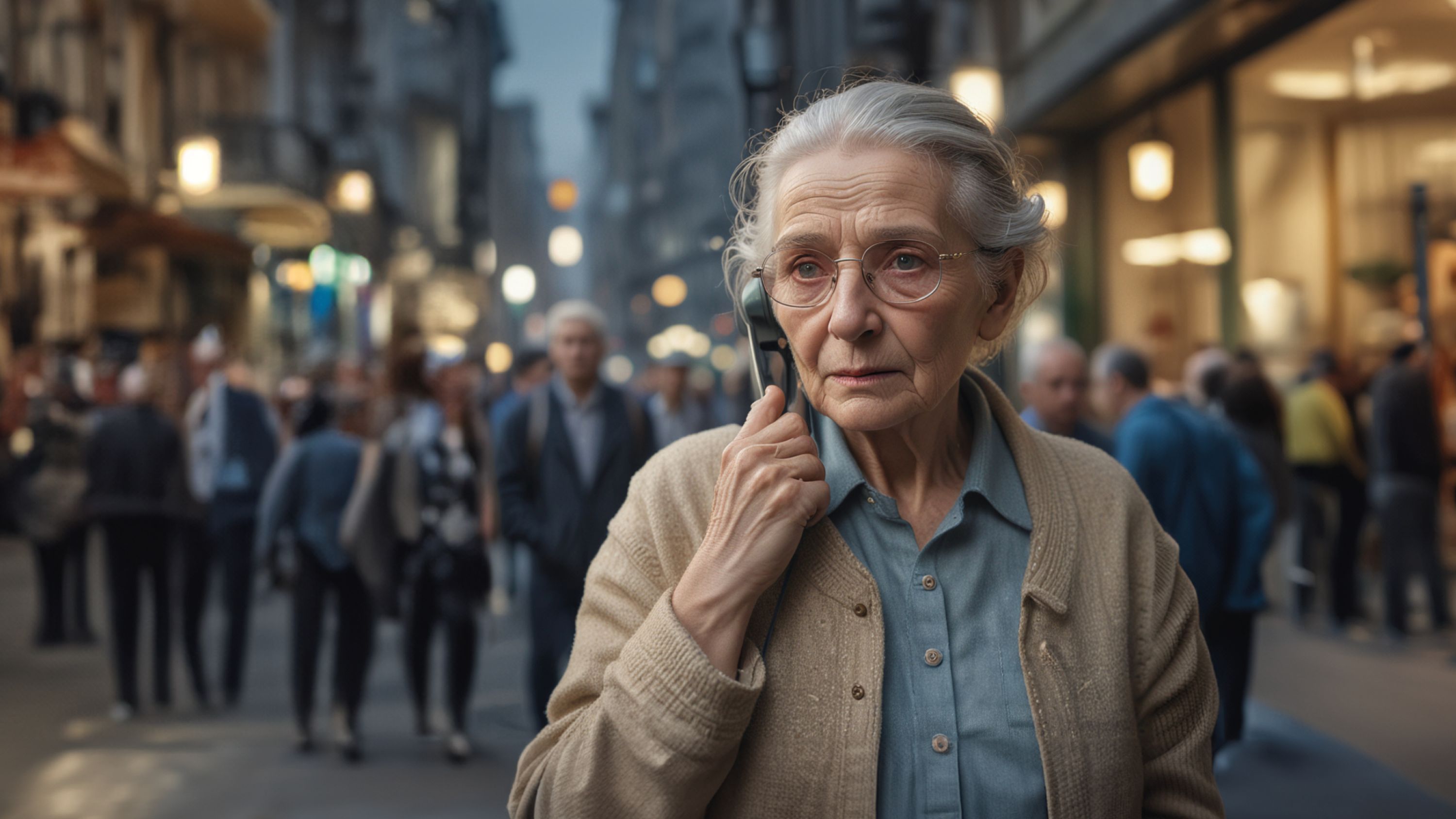 Una donna anziana è in piedi sulla strada e sta parlando al telefono