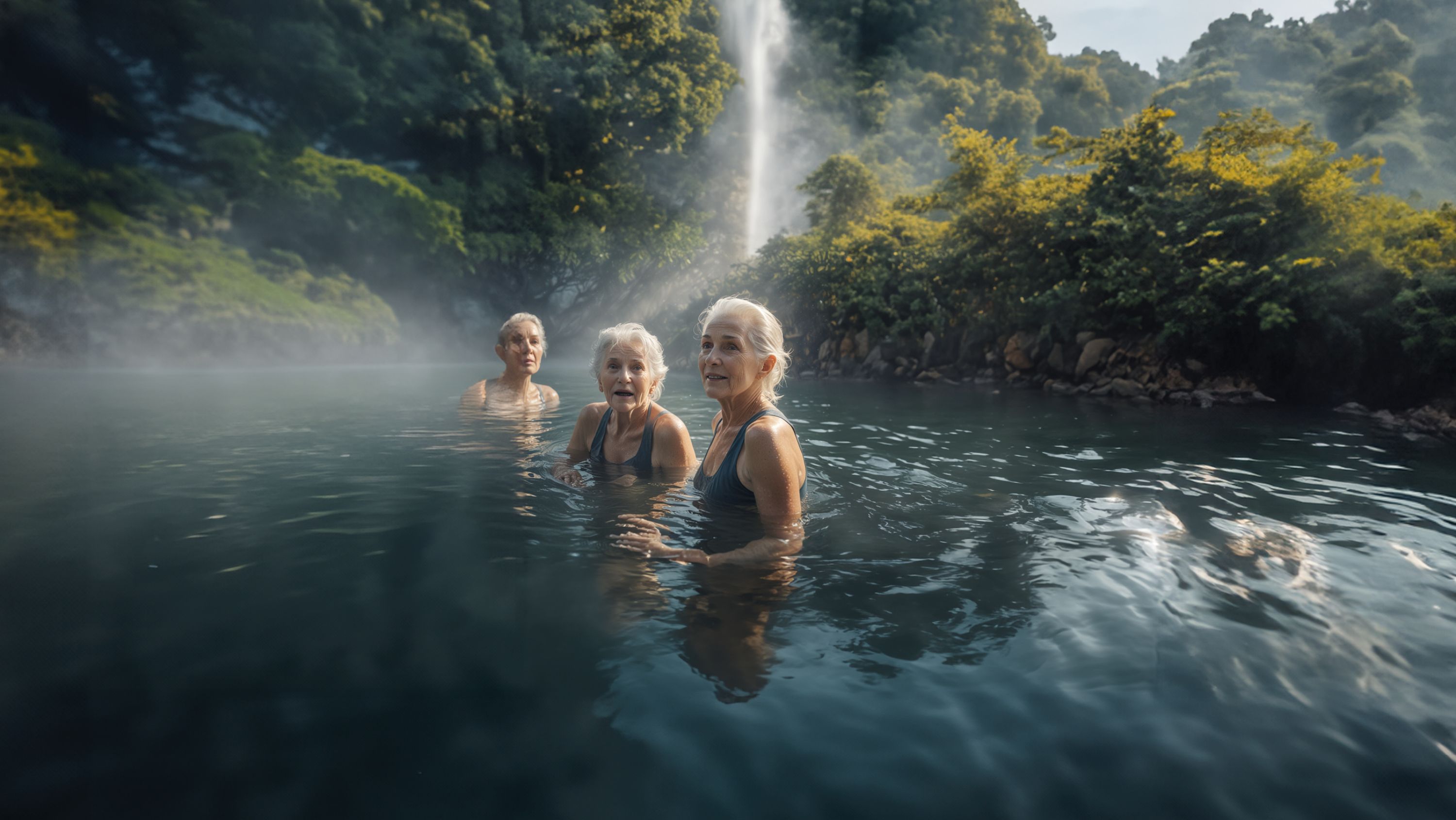 Drei ältere Frauen baden in einem See während hinter ihnen ein Wasserfall in die tiefe stürzt