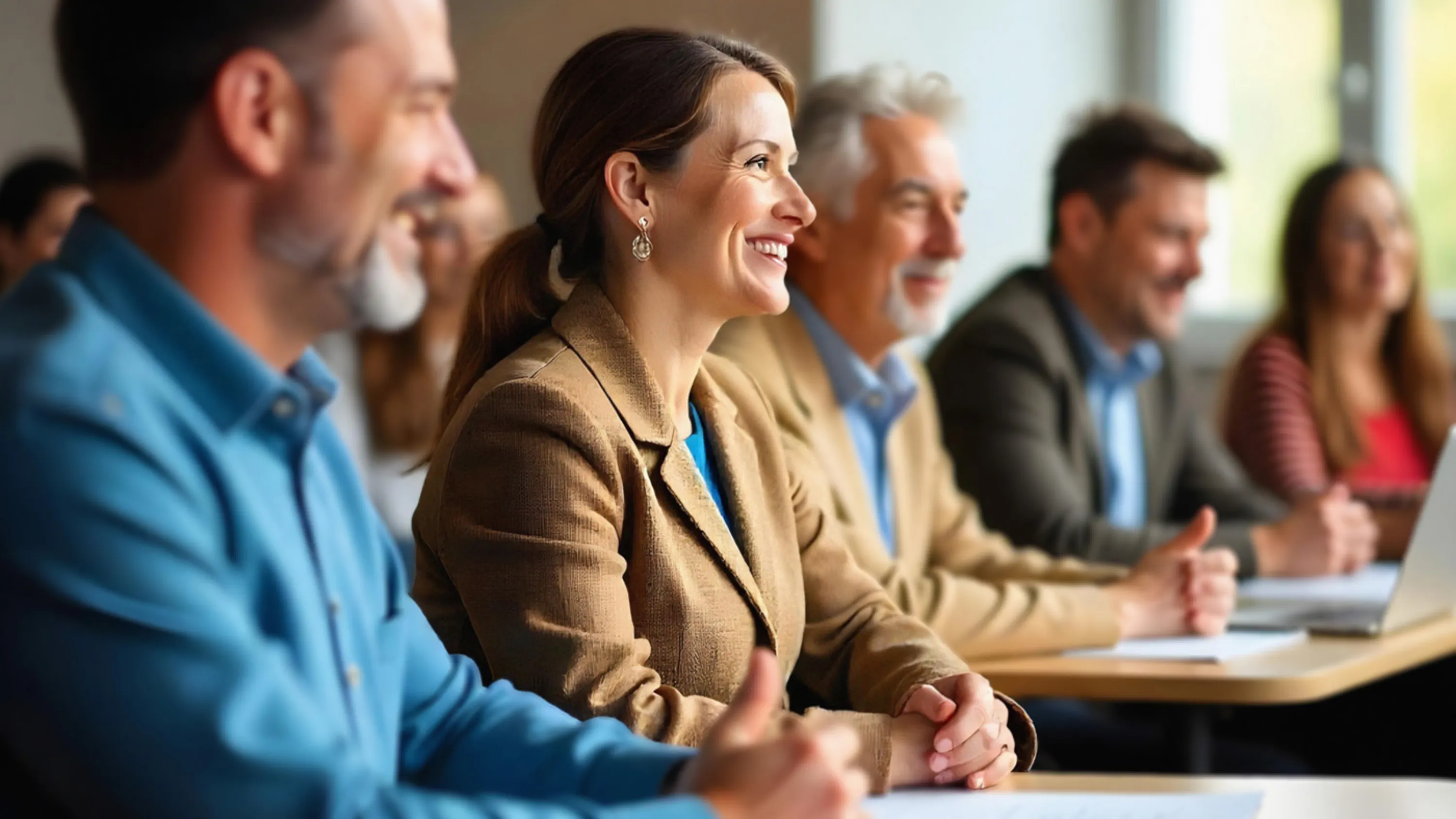 Une groupe de personnes est assise à des tables dans le cadre d’une formation continue.